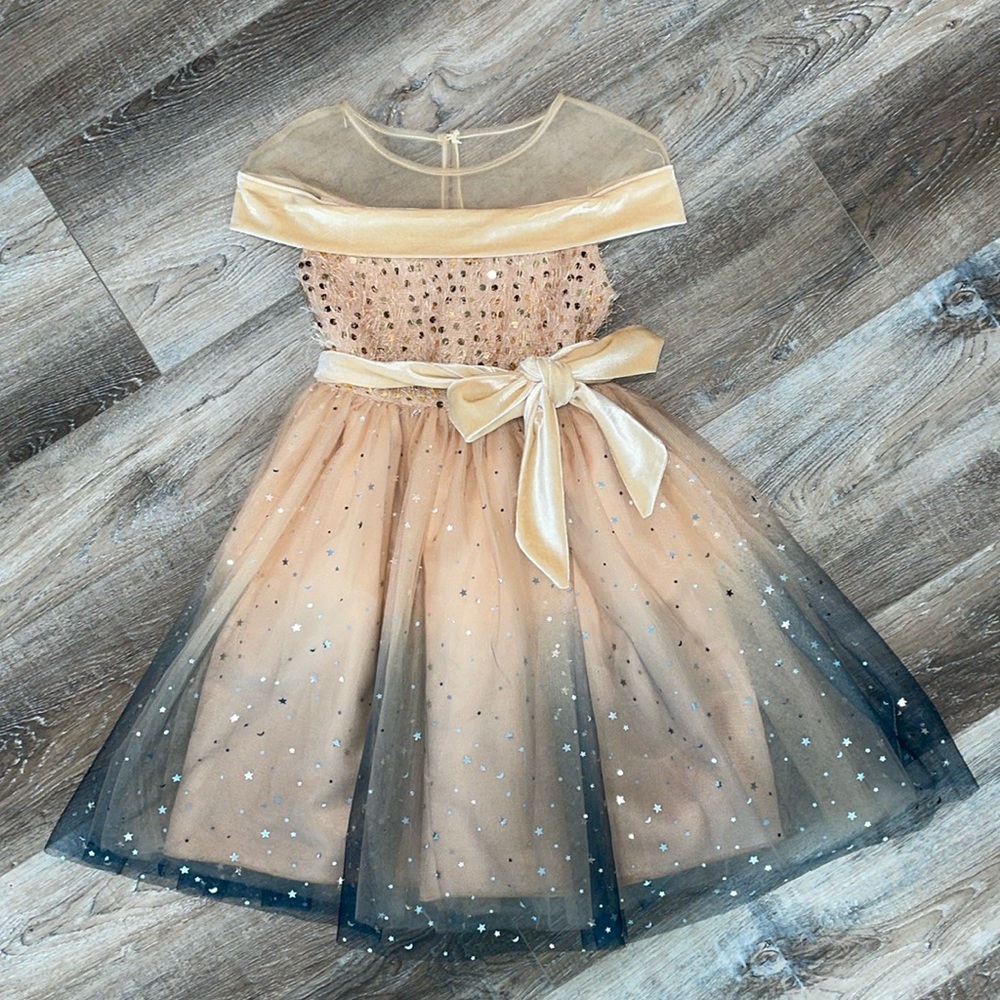 *NWT* Think Pink Bows Gold and Navy Sequin Dress Size 7